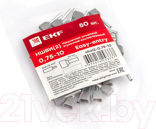 Изображение товара Набор наконечников-гильз для кабеля EKF PROxima Nhvi2-0.75-10 (50шт)