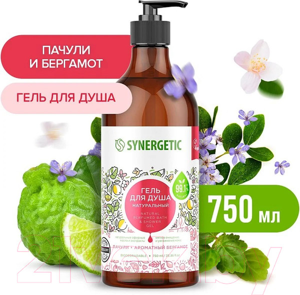 Изображение товара Гель для душа Synergetic Натуральный Биоразлагаемый Пачули и ароматный бергамот (750мл)