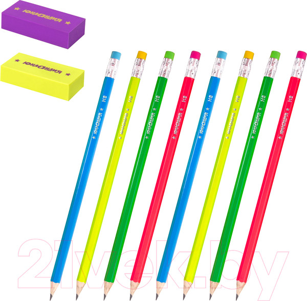 Изображение товара Набор простых карандашей Юнландия Неончики + 2 ластика / 181783 (8шт)