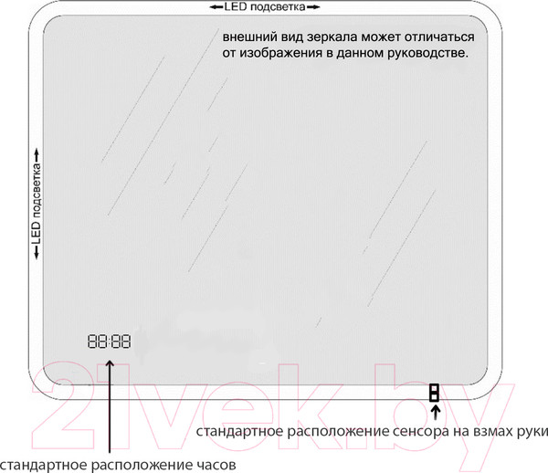 Изображение товара Зеркало Пекам Greta 50x80 / greta-50x80dcl (с подсветкой, сенсором на взмах руки и часами)