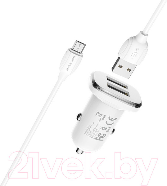 Изображение товара Зарядное устройство автомобильное Borofone BZ12 с кабелем Micro (белый)