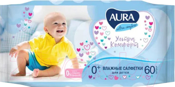 Изображение товара Влажные салфетки детские Aura Ultra Comfort с экстрактом алоэ и витамином Е 0+ (60шт)