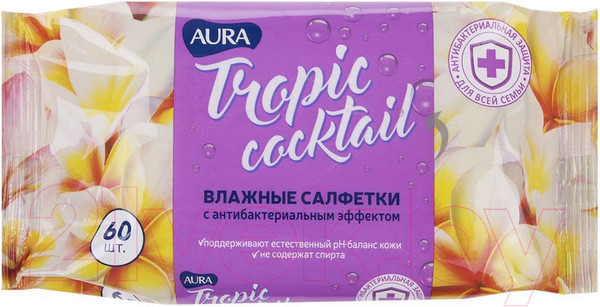 Изображение товара Влажные салфетки Aura Для всей семьи с антибактериальным эффектом Tropic Cocktail (60шт)