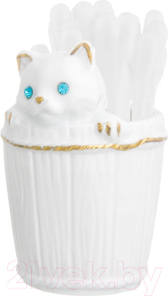 Изображение товара Держатель для зубочисток Elan Gallery Кошечка в кадушке стразы / 330413 (белый, золотистый)