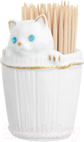 Изображение товара Держатель для зубочисток Elan Gallery Кошечка в кадушке стразы / 330413 (белый, золотистый)