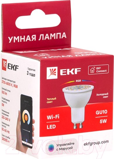 Изображение товара Умная лампа EKF Connect 5W WIFI RGBW GU10 / slwf-gu10-rgbw