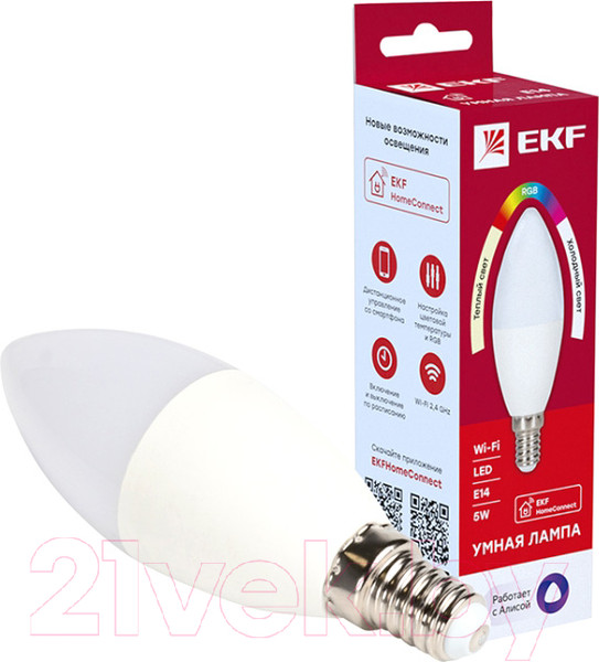 Изображение товара Умная лампа EKF Connect 5W WIFI RGBW E14 / slwf-e14-rgbw