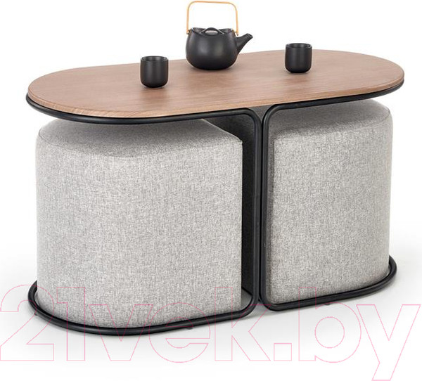 Изображение товара Журнальный столик Halmar Pampa + 2 пуфа (орех/черный, серый)