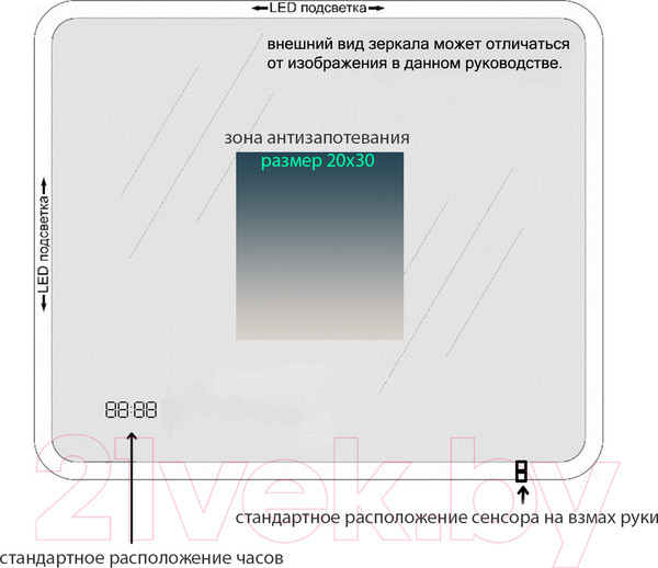 Изображение товара Зеркало Пекам Greta 80x90 / greta-80x90dpcl (с подсветкой, сенсором на взмах руки, подогревом и часами)