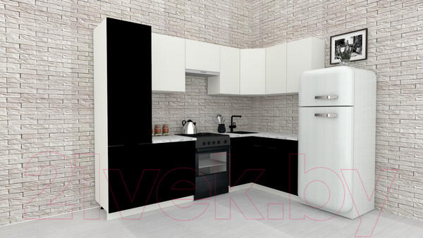 Изображение товара Кухонный гарнитур ВерсоМебель Эко-1 1.4x2.6 правая (белый фасадный/черный/ст.мрамор итальянский)