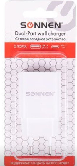 Изображение товара Зарядное устройство сетевое Sonnen USB+Type-C QC 3.0, 3 А / 455505 (белый)