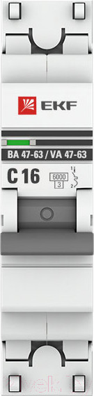 Изображение товара Выключатель автоматический EKF ВА 47-63 1P 16А (C) 6kA PROxima / mcb4763-6-1-16C-pro