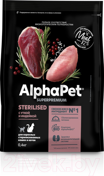 Изображение товара Сухой корм для кошек AlphaPet Superpremium Sterilized с уткой и индейкой / 111012 (400г)