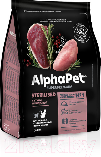 Изображение товара Сухой корм для кошек AlphaPet Superpremium Sterilized с уткой и индейкой / 111012 (400г)