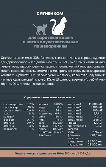 Изображение товара Сухой корм для кошек AlphaPet Superpremium Sensitive с ягненком / 111016 (1.5кг)