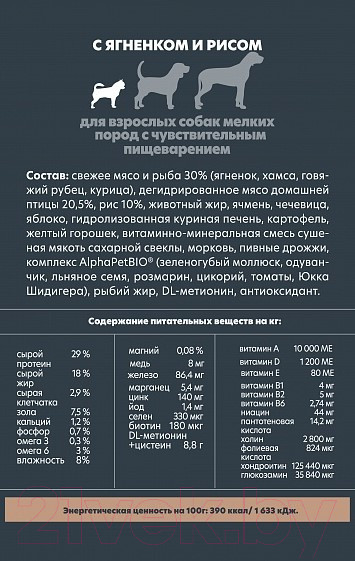 Изображение товара Сухой корм для собак AlphaPet Superpremium Sensitive мелких пород с ягненком и рисом / 121109 (3кг)