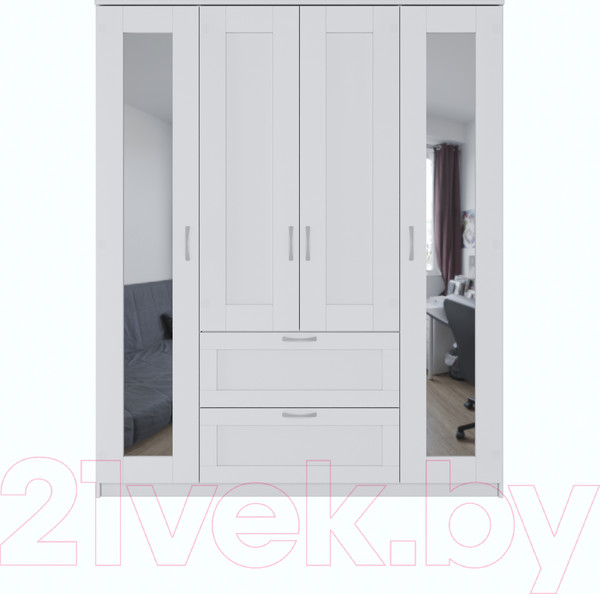 Изображение товара Шкаф Mio Tesoro Сириус 4-х створчатый 2 ящика с 2-мя зеркалами 2.02.01.092.1 (белый)