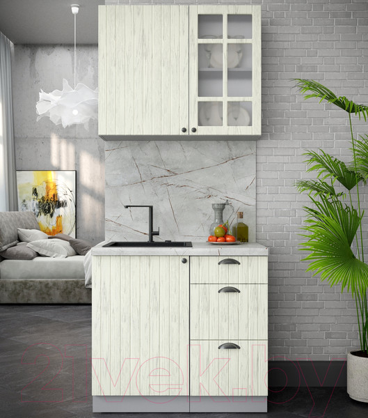 Изображение товара Кухонный гарнитур Интерлиния Берес 0.9А (дуб снежный/дуб снежный/серый каспий)