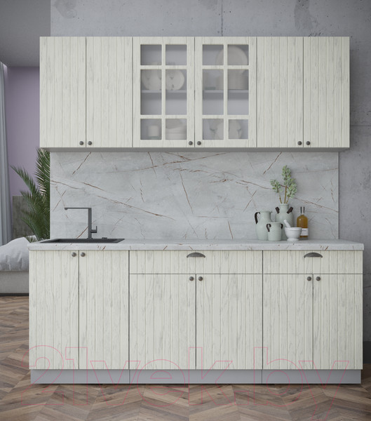 Изображение товара Кухонный гарнитур Интерлиния Берес 2.0А (дуб снежный/дуб снежный/серый каспий)