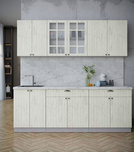 Изображение товара Кухонный гарнитур Интерлиния Берес 2.2А (дуб снежный/дуб снежный/серый каспий)