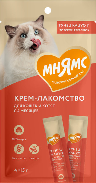 Изображение товара Лакомство для кошек Мнямс Крем-лакомство с тунцом Кацуо и морским гребешком / 703829 (4x15г)