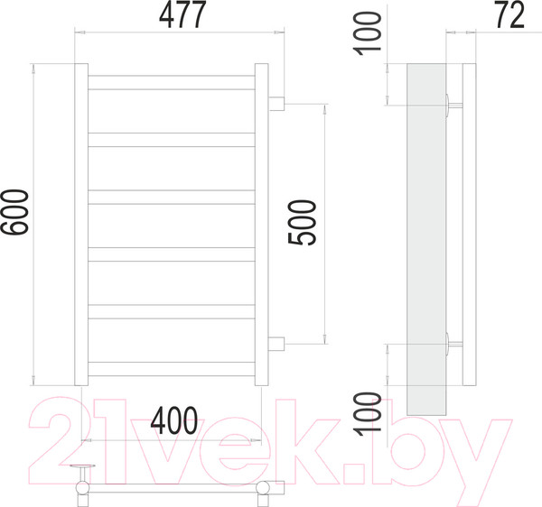 Изображение товара Полотенцесушитель водяной Terminus Аврора П6 400x600 RAL 9005 (с боковым подключением 500)