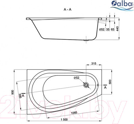 Изображение товара Ванна акриловая Alba Spa Baline Asymmetric 150x90 L (без ножек)