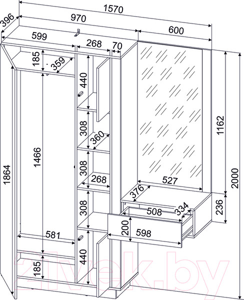 Изображение товара Секция в прихожую Интерлиния Quartz QZ-ШК4 комбинированный (дуб нокс/черный)