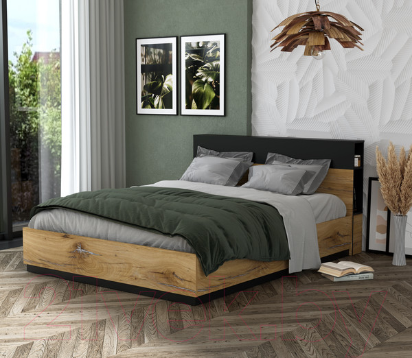 Изображение товара Двуспальная кровать Интерлиния Quartz QZ-К160 (дуб нокс/черный)