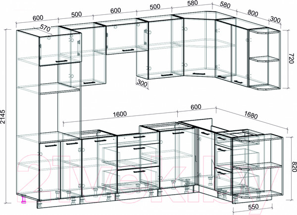 Изображение товара Кухонный гарнитур Интерлиния Мила Лайт 1.68x2.8 правая без столешницы (серебристый/антрацит)