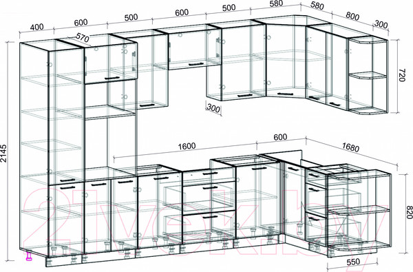 Изображение товара Кухонный гарнитур Интерлиния Мила Лайт 1.68x3.2 правая без столешницы (серебристый/бетон)