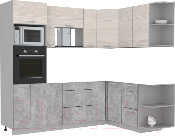 Изображение товара Кухонный гарнитур Интерлиния Мила Лайт 1.68x2.4 правая без столешницы (вудлайн кремовый/бетон)