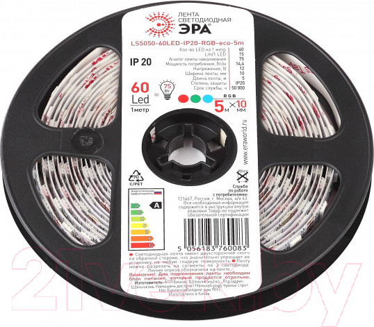 Изображение товара Светодиодная лента ЭРА LS5050-14.4-60-12-RGB-IP20-1year-5m / Б0035606