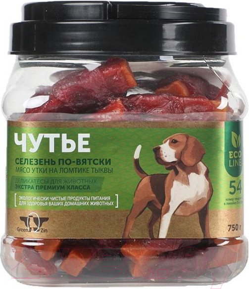 Изображение товара Лакомство для собак Green QZin Чутье Сушеное утиное мясо на ломтике тыквы (750г)