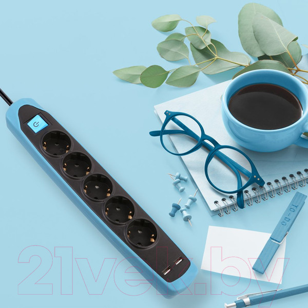 Изображение товара Удлинитель Electraline 62157 (2м, черный/голубой)
