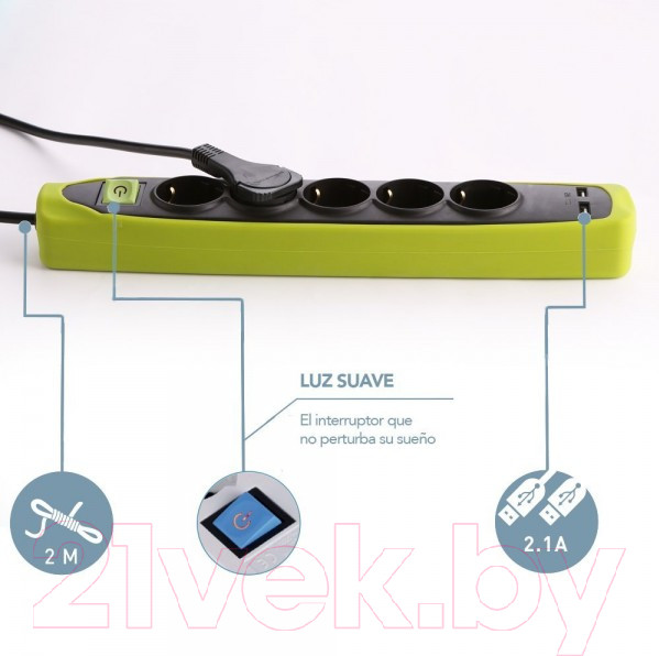 Изображение товара Удлинитель Electraline 62158 (2м, черный/зеленый)