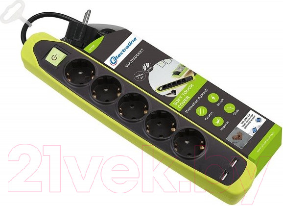 Изображение товара Удлинитель Electraline 62158 (2м, черный/зеленый)