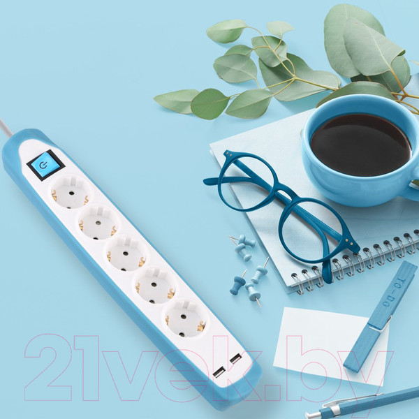 Изображение товара Удлинитель Electraline 62160 (2м, белый/голубой)