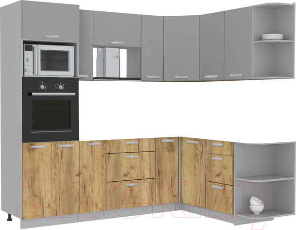 Изображение товара Кухонный гарнитур Интерлиния Мила Лайт 1.68x2.4 правая без столешницы (серебристый/дуб золотой)
