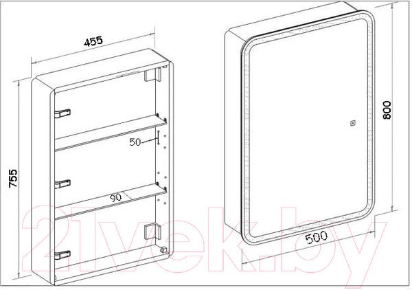 Изображение товара Шкаф с зеркалом для ванной Пекам Marta 50x80 / MartaBox-50x80 (с сенсором на прикосновение)