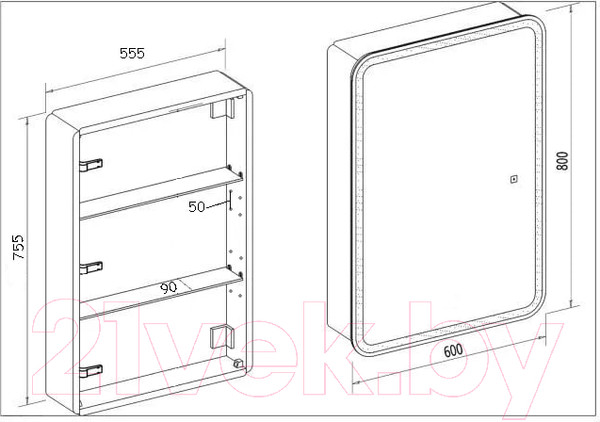Изображение товара Шкаф с зеркалом для ванной Пекам Marta 60x80 / MartaBox-60x80 (с сенсором на прикосновение)