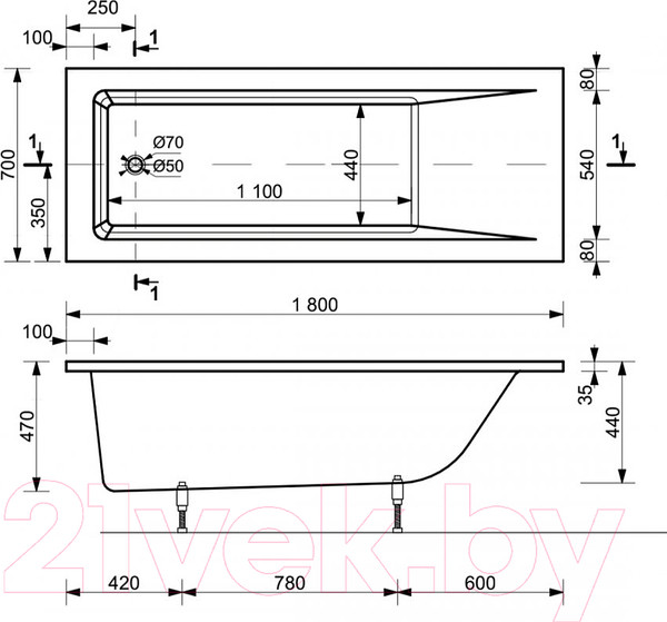 Изображение товара Ванна из искусственного мрамора Эстет Дельта 180x70 / ФР-00010113