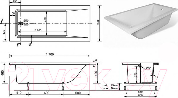 Изображение товара Ванна из искусственного мрамора Эстет Дельта 170x75 В / ФР-00001681