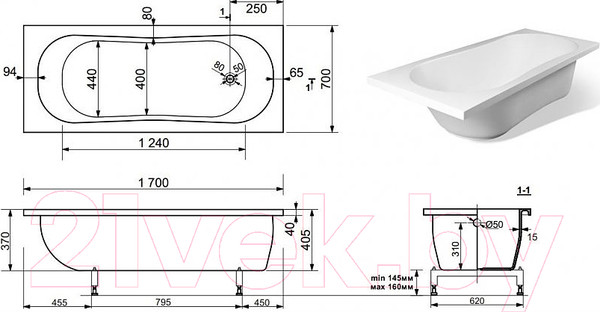 Изображение товара Ванна из искусственного мрамора Эстет Лаура 170x70 / ФР-00000678