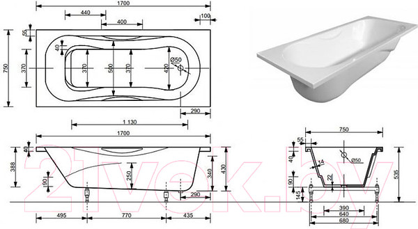 Изображение товара Ванна из искусственного мрамора Эстет Эллис 170x75 / ФР-00008586
