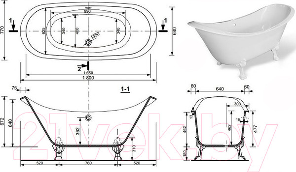 Изображение товара Ванна из искусственного мрамора Эстет Скарлет 180x77 / ФР-00001245
