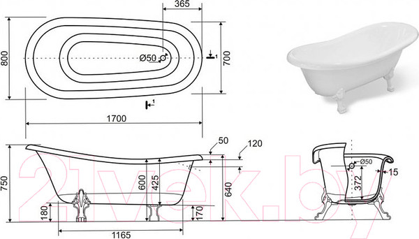 Изображение товара Ванна из искусственного мрамора Эстет Марсель 170x80 / ФР-00001849