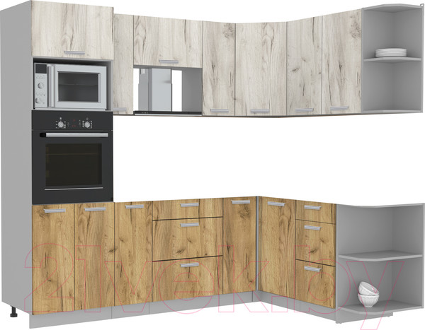 Изображение товара Кухонный гарнитур Интерлиния Мила Лайт 1.68x2.4 правая без столешницы (дуб белый/дуб золотой)