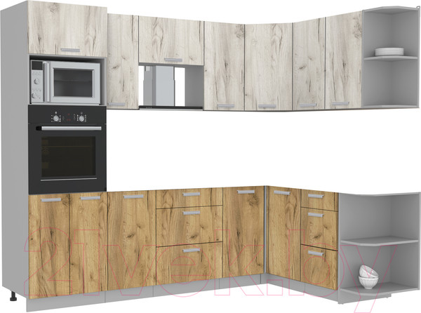 Изображение товара Кухонный гарнитур Интерлиния Мила Лайт 1.68x2.6 правая без столешницы (дуб белый/дуб золотой)