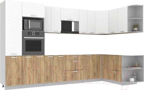 Изображение товара Кухонный гарнитур Интерлиния Мила Лайт 1.68x3.4 правая без столешницы (белый платинум/дуб золотой)